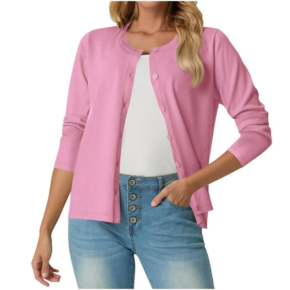 Sevevn Cardigan Sweaters for Women Women's Long Sleeve Crewneck Casual Cardigan Sweater Gift for Adults Pink XL