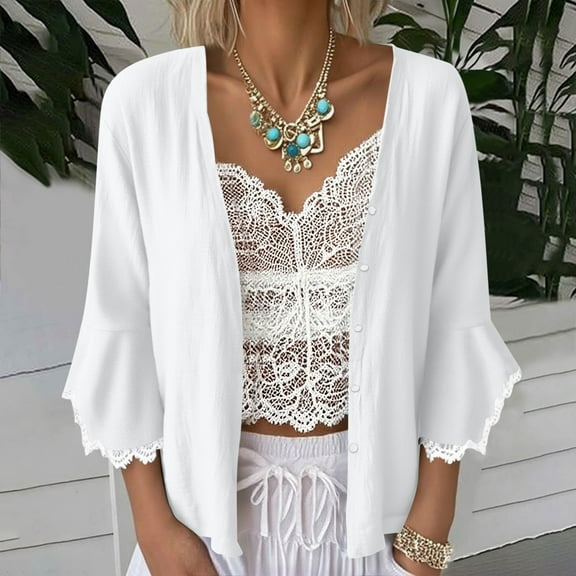 Sevevn Cardigan Sweaters for Women Women's Solid 3/4 Sleeve Flared Cuffs Lace Linen Cardigan Summer Clearance White M