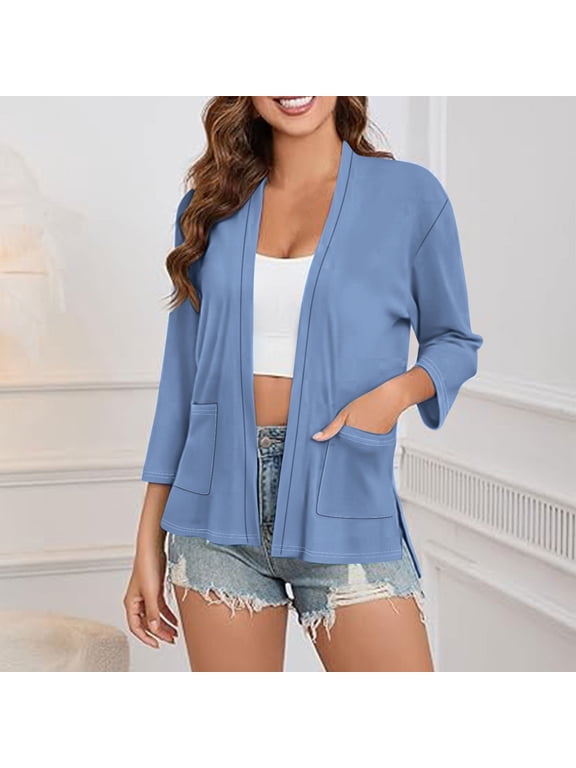 Cardigan Sweaters for Women Women's Solid Color Long Sleeve Casual Tops Blouse With Pocket Cardigan Coat Deal of the Week Sky Blue M