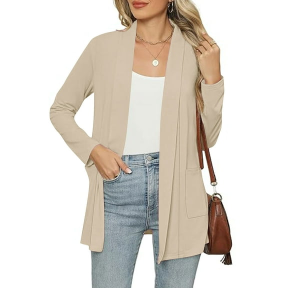 Sevevn Cardigan Sweaters for Women Women's Solid Color Long Sleeve Casual Tops Blouse With Pocket Cardigan Coat Summer Gift Beige M