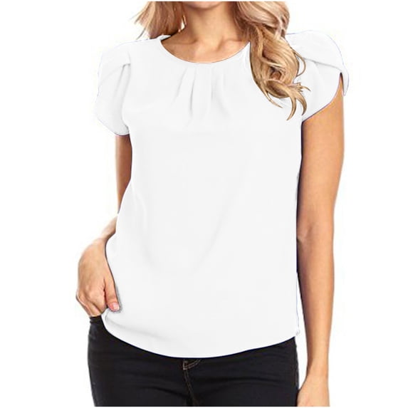 Sevevn Chiffon Solid Color Short Sleeve Round Neck Casual Shirt Short Sleeve Blouse Shirts for Women Trendy