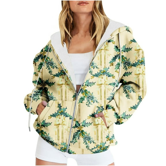 Sevevn Coats for Women Women's Casual Christmas Printed Zipper Long Sleeve Hooded Sweatshirt Jacket Tops Christmas Gift