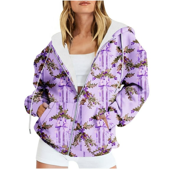 Sevevn Coats for Women Women's Casual Christmas Printed Zipper Long Sleeve Hooded Sweatshirt Jacket Tops Christmas Gift
