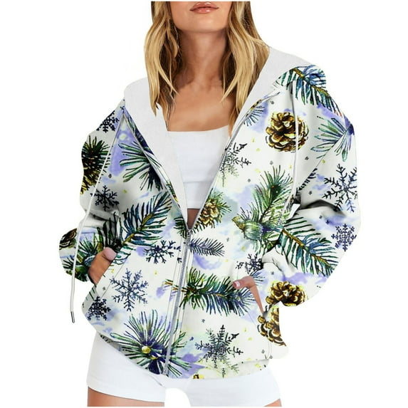 Sevevn Coats for Women Women's Casual Christmas Printed Zipper Long Sleeve Hooded Sweatshirt Jacket Tops Gift for Adults