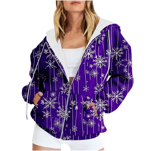 Sevevn Coats for Women Women's Casual Christmas Printed Zipper Long Sleeve Hooded Sweatshirt Jacket Tops Holiday Gift Finder