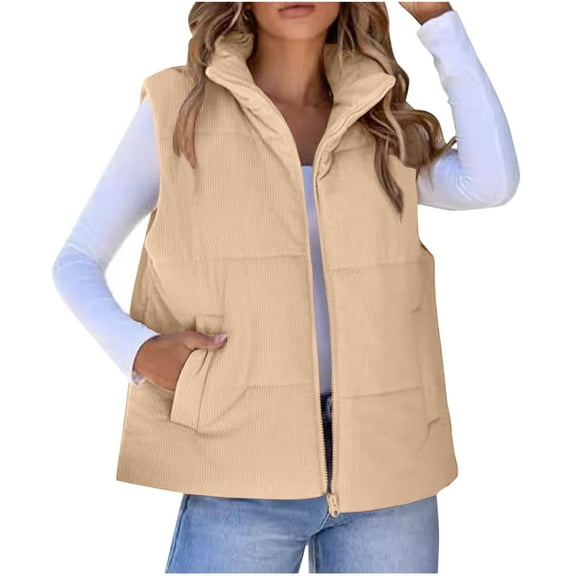 Sevevn Corduroy Cropped Puffer Vest for Women Lightweight Stand Collar Sleeveless Jackets Zip Up Clothes Fashion 2025