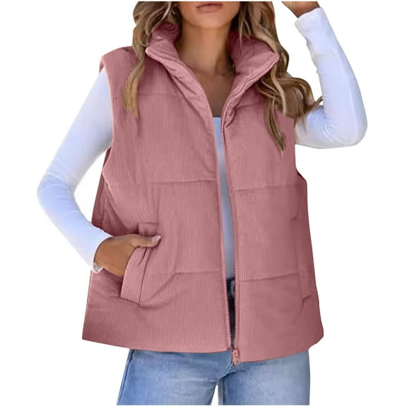 Sevevn Corduroy Cropped Puffer Vest for Women Lightweight Stand Collar Sleeveless Jackets Zip Up Clothes Fashion 2025