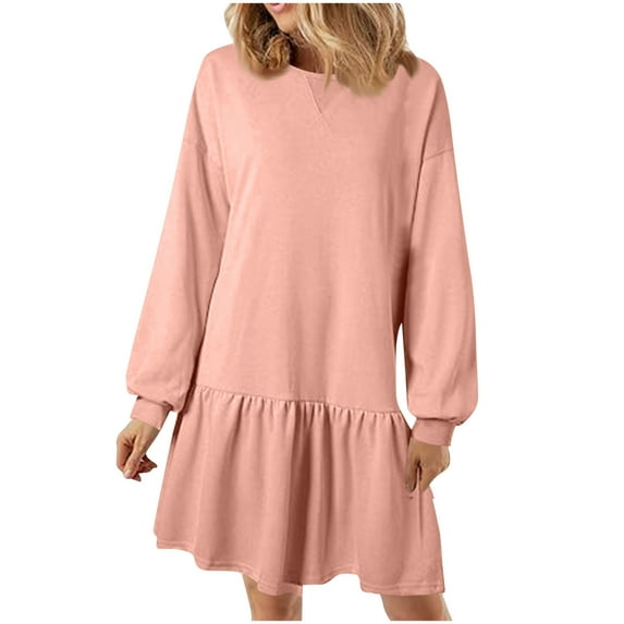Sevevn Dresses for Women Women Fashion Comfort Solid Color Fold Long Sleeve Round-Neck Dress Rollbacks