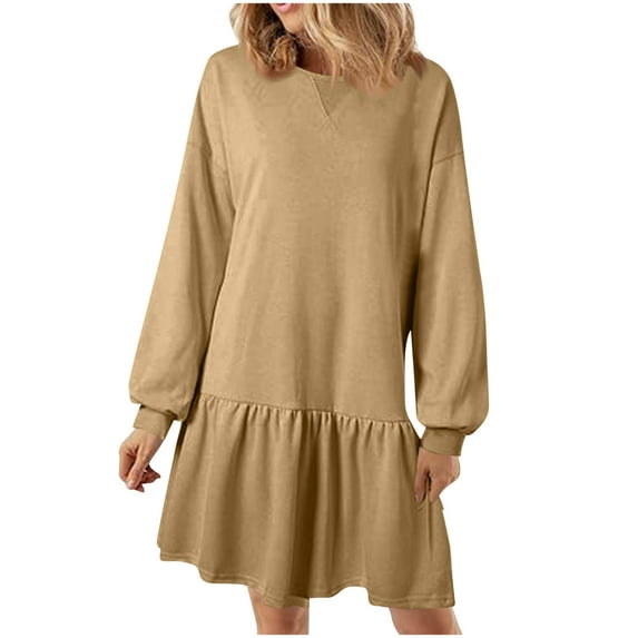 Sevevn Dresses for Women Women Fashion Comfort Solid Color Fold Long Sleeve Round-Neck Dress Rollbacks