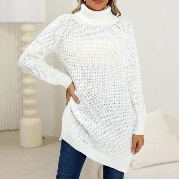 Sevevn Dresses for Women Women Winter Casual Solid Color Pearl High Collar Split Fork Long Sleeves Sweater Dress Christmas Gift