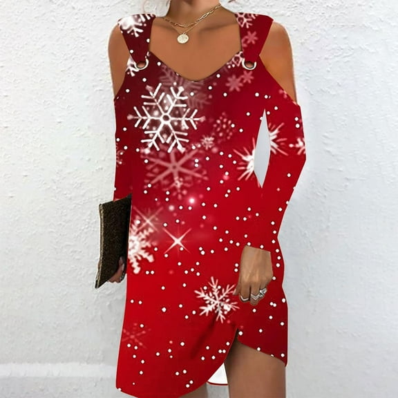 Sevevn Dresses for Women Women's Breast Printed Long Sleeve Suspender Off Shoulder Dress Christmas Gift