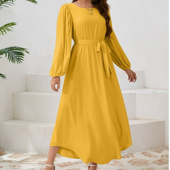 Sevevn Dresses for Women Women's Comfort Leisure Solid Round Neck Bubble Long Sleeved Dress Gift for Adults