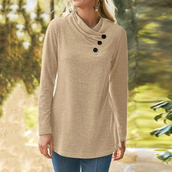 Sevevn Fall Fashion Pure Colour Women Button Long Sleeve Fold Turtleneck Blouse Shirt Tops Beige XL Great Gifts for Less