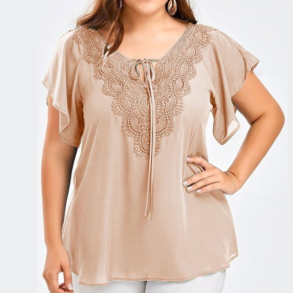 Sevevn Fashion Woman Casual V-Neck Solid Print Lace Short Sleeve T-Shirt Summer Plus Size Tops Womens Plus Size T-shirts