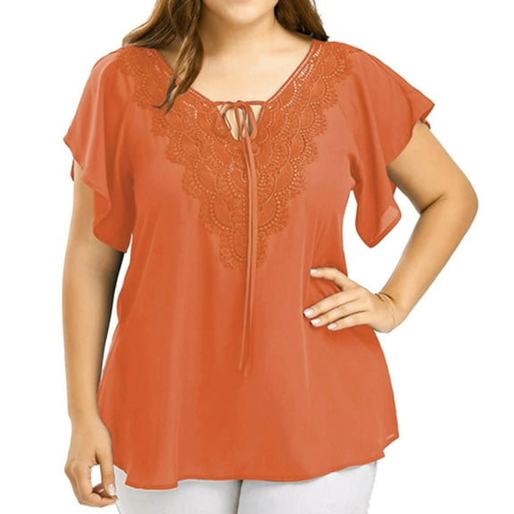 Sevevn Fashion Woman Casual V-Neck Solid Print Lace Short Sleeve T-Shirt Summer Plus Size Tops