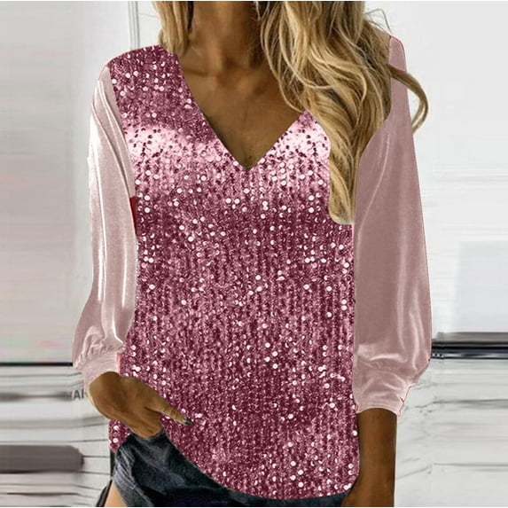 Sevevn Fashion Woman Long Sleeve Solid V-neck Blouse Tops Pink XXL Summer