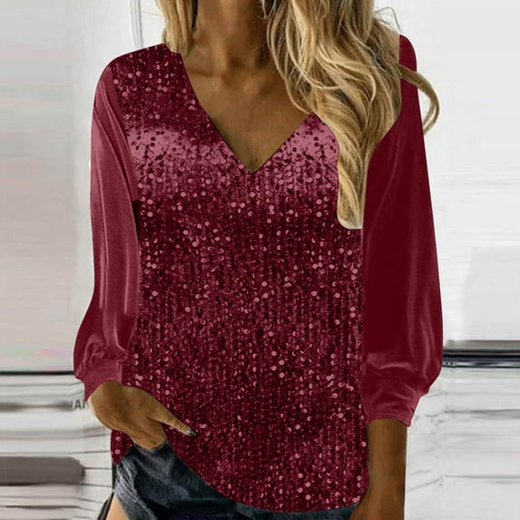 Sevevn Fashion Woman Long Sleeve Solid V-neck Blouse Wine L Summer Savings