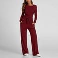 thumbnail image 1 of Sevevn Fashion Woman Round Neck Solid Ruched Long Sleeve Blouse +Long Pants Elastic Waist Sets Wine XL Christmas Deals, 1 of 9