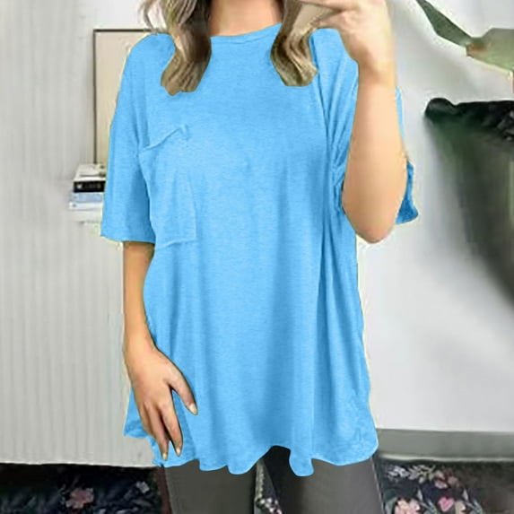 Sevevn Fashion Women Solid Color Pocket Round-Neck Spring And Summer T-Shirt Loose Short Sleeve Tops Light Blue L Holiday Gift Finder