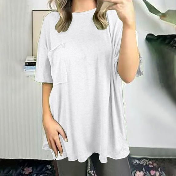 Sevevn Fashion Women Solid Color Pocket Round-Neck Spring And Summer T-Shirt Loose Short Sleeve Tops White L Savings Up to 30% Off