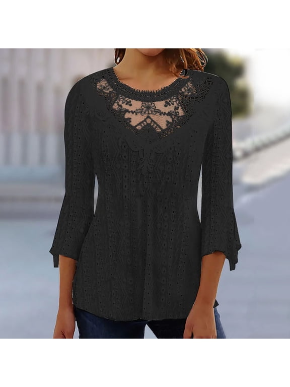 Fashion Women Solid Lace Long Sleeve Three-quarter Sleeve Split Joint Blouses Black L Gift for Girls