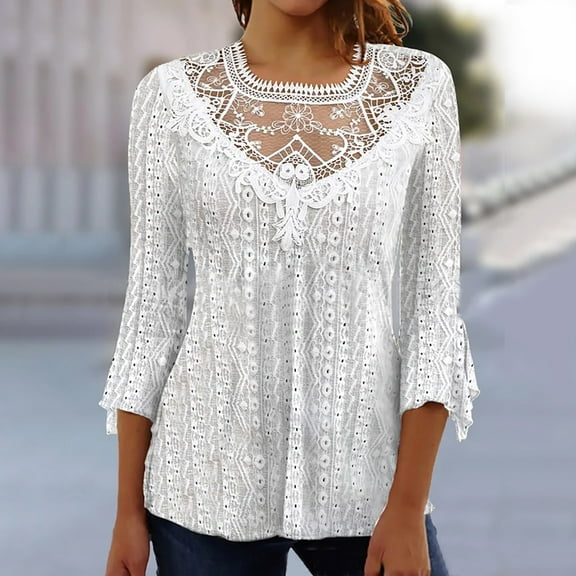 Sevevn Fashion Women Solid Lace Long Sleeve Three-quarter Sleeve Split Joint Blouses White XL Christmas Gift