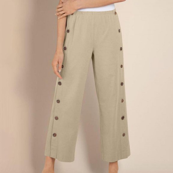 Sevevn Fashion Women Summer Comfortable Pocket Pants Casual Button Solid Full Length Pant Khaki S Women Beach Fashion