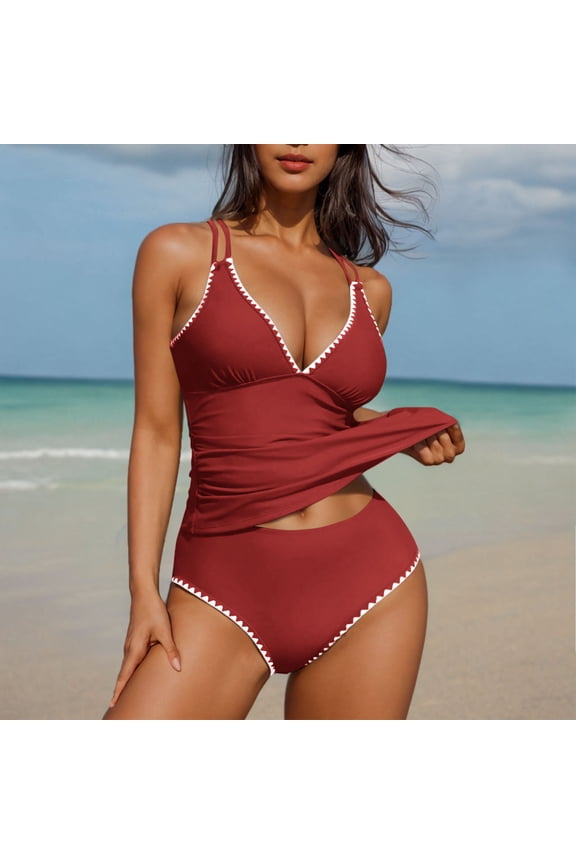 Fashion Women Summer Solid Color With Chest Cushion And No Steel Support Sexy Backless Strap Bikini Swimsuit Red XL Deal of the Week