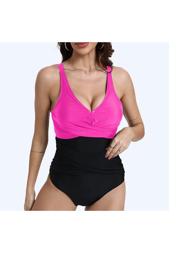 Fashion Women Summer Solid Color With Chest Cushion And No Steel Support Sexy Backless Strap Swimsuit Hot Pink M Rollbacks