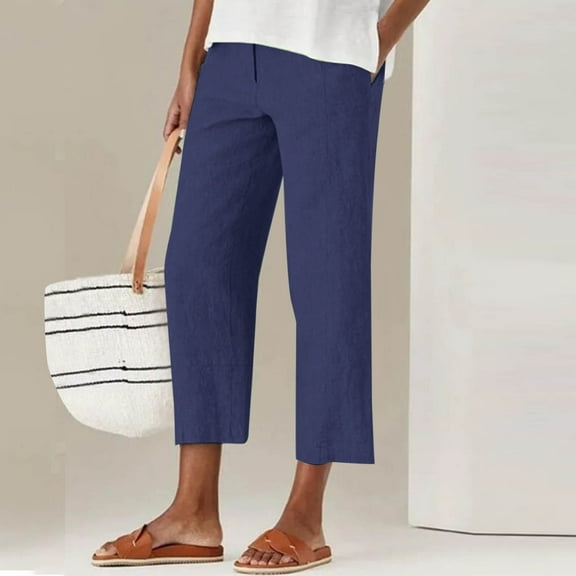 Sevevn Fashion Women Summer Zipper Pocket Pants Casual Button Solid Capris Pant Navy M Deal of the Week