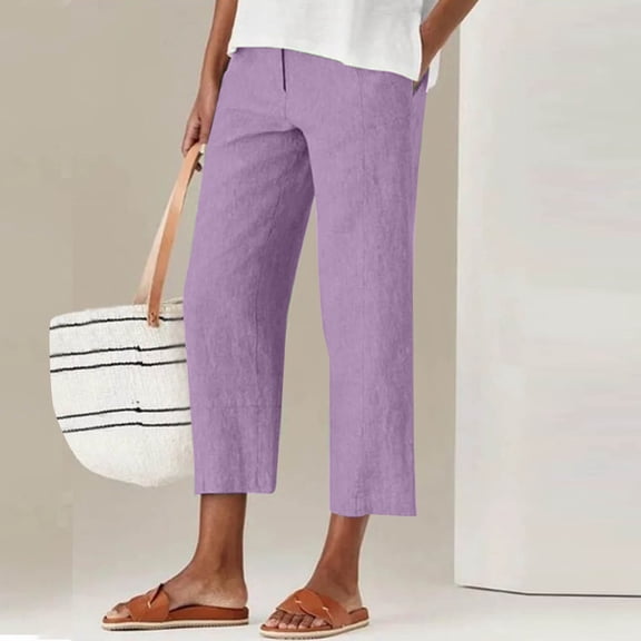 Sevevn Fashion Women Summer Zipper Pocket Pants Casual Button Solid Capris Pant Purple L Great Gifts for Less