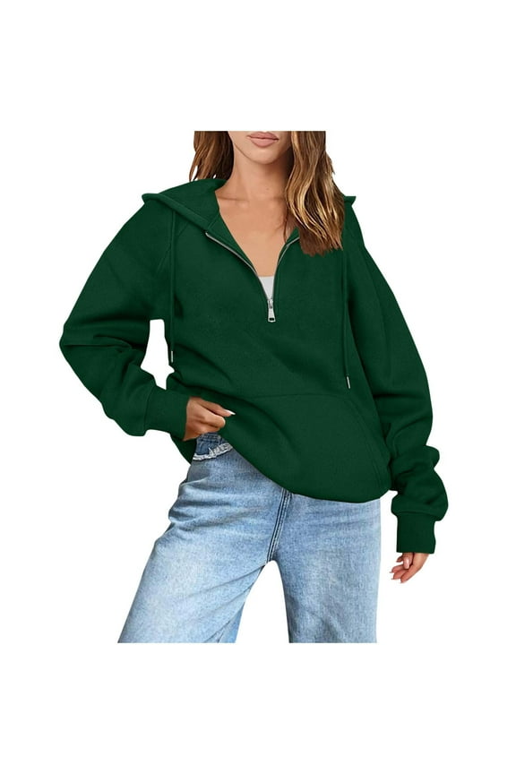 Fashion Women's Casual Long Leeve Solid Pocket Ladies Hooded Tops Blouse Green S Deal of the Week