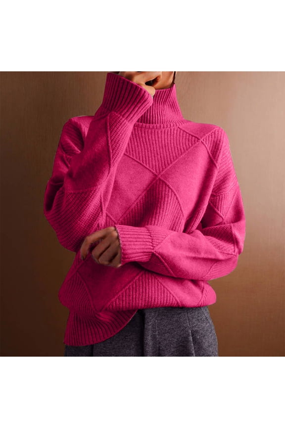 Fashion Women's Casual Long Sleeve High Neck Pullover Solid Color Top Hot Pink S Gift for Adults