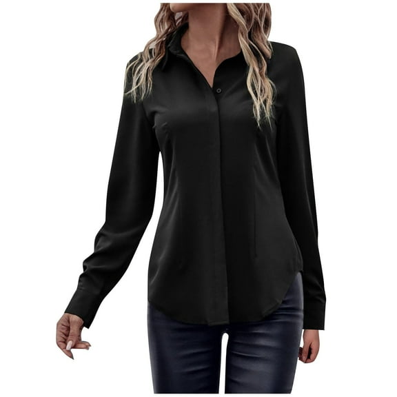 Sevevn Fashion Women's Casual Long Sleeve Solid Ladies Button Turndow Collar Tops Blouse Black S Great Gifts for Less