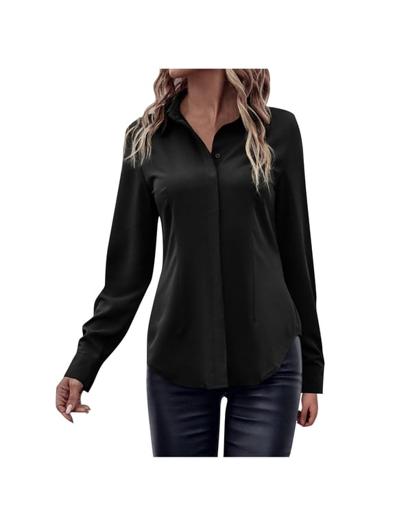 Fashion Women's Casual Long Sleeve Solid Ladies Button Turndow Collar Tops Blouse Black XL Rollbacks