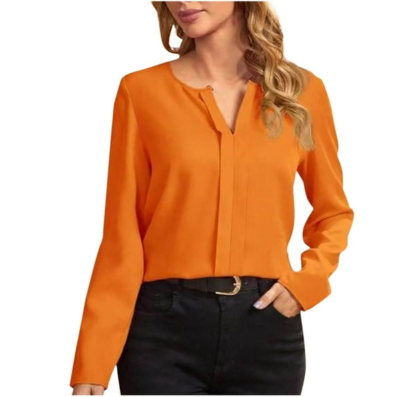 Sevevn Fashion Women's Casual Long Sleeve Solid Ladies V-Neck Tops Blouse Orange L Early Access Deals