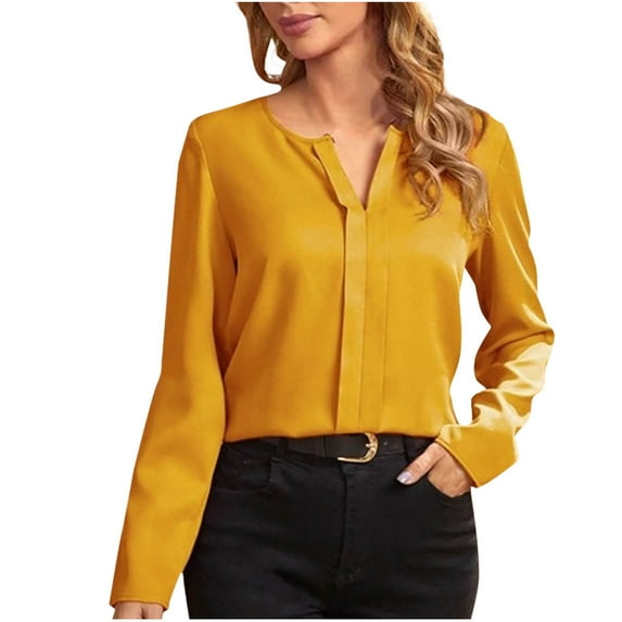 Sevevn Fashion Women's Casual Long Sleeve Solid Ladies V-Neck Tops Blouse Yellow S Holiday Gift Finder