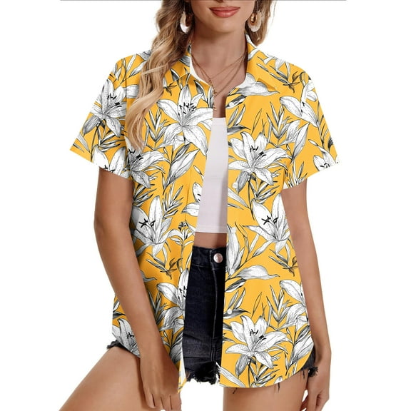 Sevevn Fashion Women's Casual Print Comfortable Short Sleeved Pocket ButtonTop Blouse T-Shirt Yellow XXXL Rollbacks