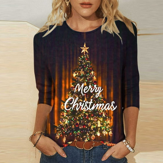 Sevevn Fashion Women's Casual Print Round Neck 3/4 Sleeve T-shirt Top Blouse Multicolor L Clearance Sales Online Deals