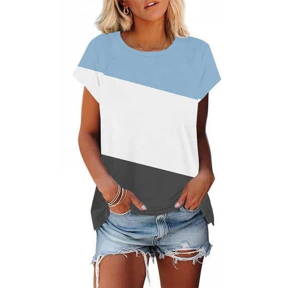 Sevevn Fashion Women's Casual Short Sleeve Round Neck Color Blocking Print Ladies Blouse Blue 31 Gift for Girls