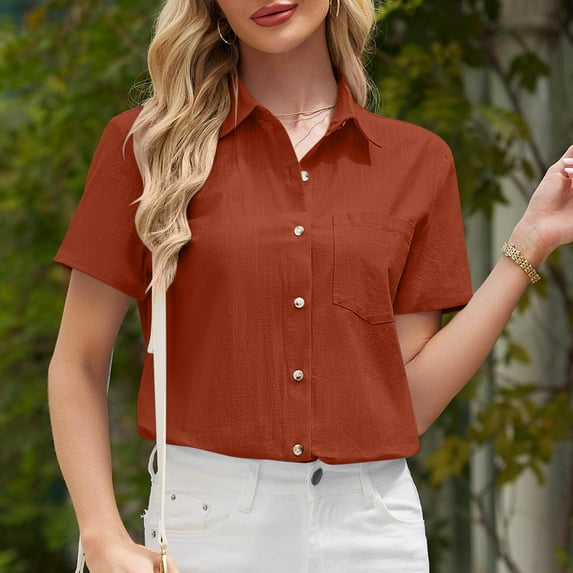 Sevevn Fashion Women's Casual Short Sleeve Solid Button Pocket Ladies Turndow Collar Top Blouse Orange XL Deal of the Week