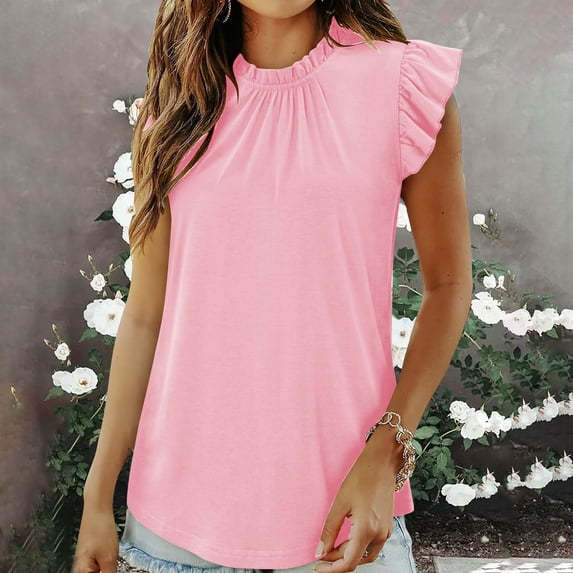 Sevevn Fashion Women's Casual Short Sleeve Solid Fold Round Neck Button Ladies Top Blouse Pink M Summer Gift