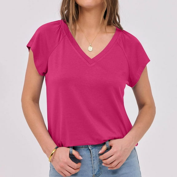 Sevevn Fashion Women's Casual Short Sleeve Solid Ruffled Ladies V-Neck Tops Blouse Hot Pink XL Great Gifts for Less
