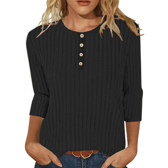 Sevevn Fashion Women's Casual Solid Color Round Neck 3/4 Sleeve T-shirt Top Blouse Black S Summer Savings