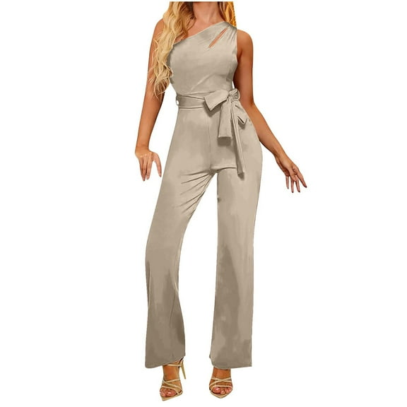 Sevevn Fashion Women's One Shoulder Sleeveless Zipper Solid Color Jumpsuit Beige M Gift for Adults