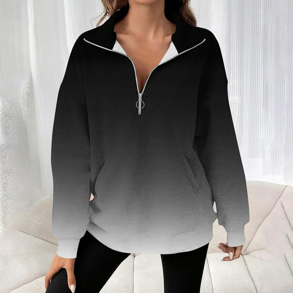 Sevevn Fashion Women's Printing Pockets Zippered Long Sleeved Turndown Collar Tops Blouses Black XL Rollbacks