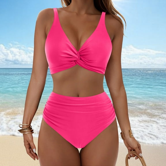 Sevevn Fashion Women's Sleeveless Solid Bikini Swimsuit Push-Up Padded Swimwear Swimsuit Blouse Sets Hot Pink M Holiday Gift Finder