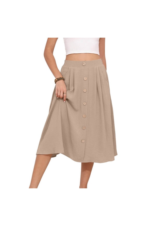 Fashion Women's Solid Color Casual Zipper Pocket Button Fold Skirt Dress Deal of the Week Khaki S