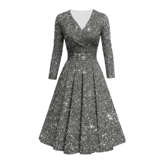Sevevn Fashion Women's Solid Color Long Sleeves V-Neck Shining BlingBling Printing Fold Waist Hugging Dress