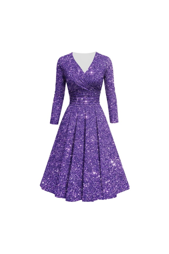Fashion Women's Solid Color Long Sleeves V-Neck Shining BlingBling Printing Fold Waist Hugging Dress